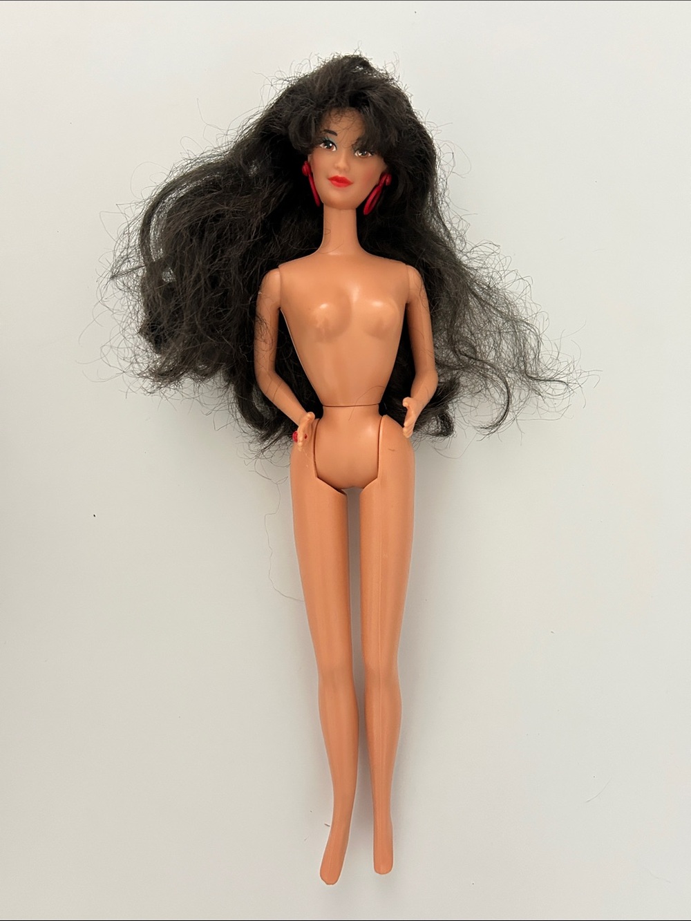 Vintage 1980 Kira Barbie Doll with Long Dark Hair and Red Earrings